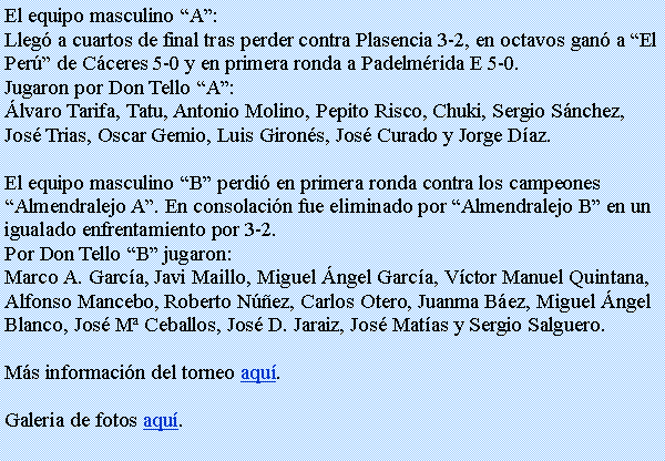 Cuadro de texto: El equipo masculino A:Lleg a cuartos de final tras perder contra Plasencia 3-2, en octavos gan a El Per de Cceres 5-0 y en primera ronda a Padelmrida E 5-0.Jugaron por Don Tello A:lvaro Tarifa, Tatu, Antonio Molino, Pepito Risco, Chuki, Sergio Snchez, Jos Trias, Oscar Gemio, Luis Girons, Jos Curado y Jorge Daz.El equipo masculino B perdi en primera ronda contra los campeones Almendralejo A. En consolacin fue eliminado por Almendralejo B en un igualado enfrentamiento por 3-2.Por Don Tello B jugaron:Marco A. Garca, Javi Maillo, Miguel ngel Garca, Vctor Manuel Quintana, Alfonso Mancebo, Roberto Nez, Carlos Otero, Juanma Bez, Miguel ngel Blanco, Jos M Ceballos, Jos D. Jaraiz, Jos Matas y Sergio Salguero.Ms informacin del torneo aqu.Galera de fotos aqu.